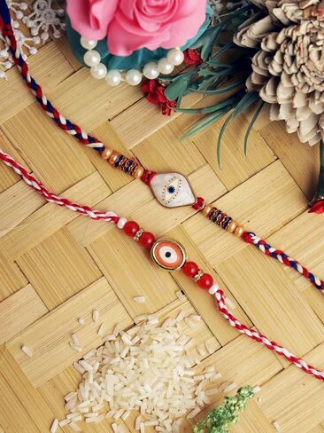 مجموعة الجودة الممتازة من 2 rakhi للأخ راكشا بانهان | جولة الحجر الخرز تصميم التقليدية راخي راخي المصنوعة يدويا في الهند | Rakhis الأنيق ل Bhai و Bhabhi | راخدي راخي in Kuwait