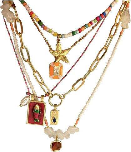Pendant Necklace Set Bohemian Style Beaded Fish Star 5 Layered Collarbone Chain, Handcraft Jewelry Accessory for Vacation Party Daily Accessories in Saudi Arabia