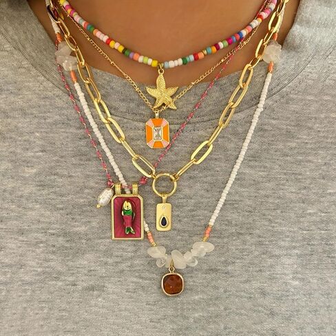 Pendant Necklace Set Bohemian Style Beaded Fish Star 5 Layered Collarbone Chain, Handcraft Jewelry Accessory for Vacation Party Daily Accessories in Saudi Arabia