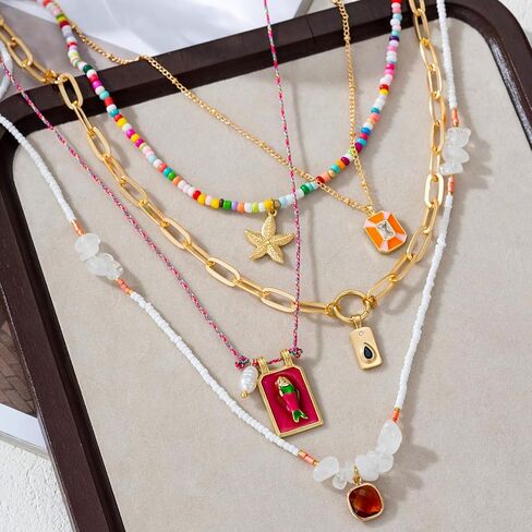Pendant Necklace Set Bohemian Style Beaded Fish Star 5 Layered Collarbone Chain, Handcraft Jewelry Accessory for Vacation Party Daily Accessories in Saudi Arabia