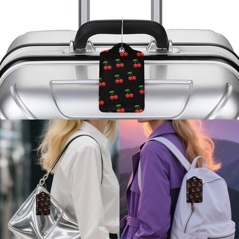 2 Pack Luggage Tags for Suitcases Leather Tags, Privacy Cover ID Label with Stainless Steel Loop Travel Essentials Suitable Handbags Travel Bags for Woman Man - Fresh Cherries in Kuwait