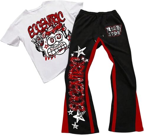 SOLY HUX Men's Graphic Summer Outfits Y2k Grunge Short Sleeve T Shirt Pants Set Hip Hop Streetwear 2 Piece in Kuwait