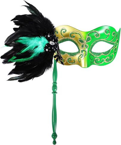 LiuSuper Masquerade Mask for Women with Stick - Shiny Women's Feather Mardi Gras Venetian Mask for Costume Accessory in Kuwait