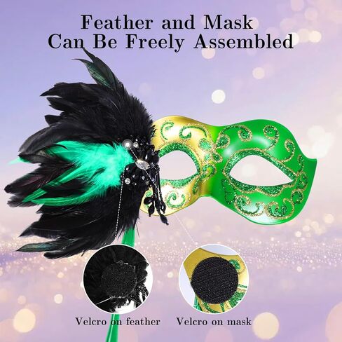 LiuSuper Masquerade Mask for Women with Stick - Shiny Women's Feather Mardi Gras Venetian Mask for Costume Accessory in Kuwait