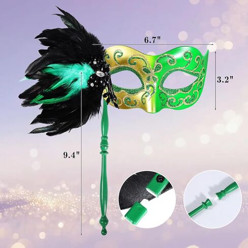 LiuSuper Masquerade Mask for Women with Stick - Shiny Women's Feather Mardi Gras Venetian Mask for Costume Accessory in Kuwait