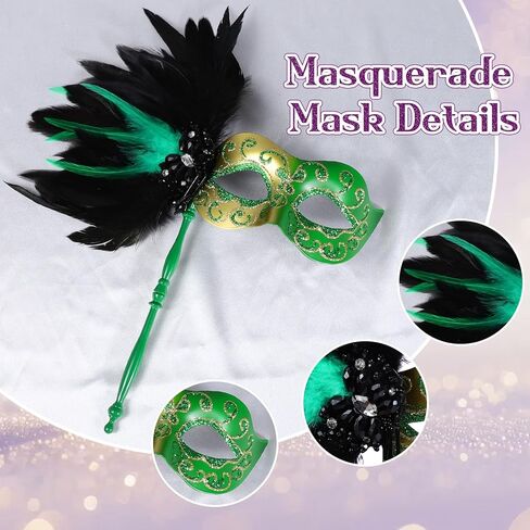 LiuSuper Masquerade Mask for Women with Stick - Shiny Women's Feather Mardi Gras Venetian Mask for Costume Accessory in Kuwait