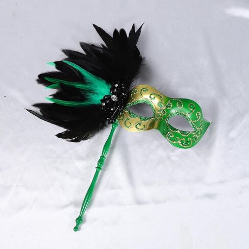 LiuSuper Masquerade Mask for Women with Stick - Shiny Women's Feather Mardi Gras Venetian Mask for Costume Accessory in Kuwait