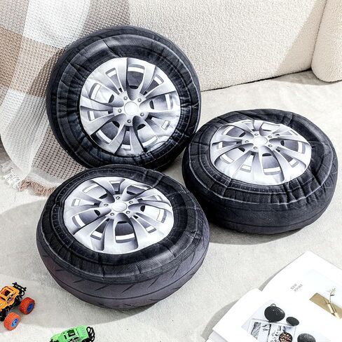 Meooeck 2 Pcs 15.7 Inch 3D Simulation Wheel Plush Pillow Car Tire Big Soft Chunky Tire Pillow Wheel Sofa Seat Toy for Boys Funny Bedroom Decor Race Car Party Gift(15.7 Inch) in Saudi Arabia