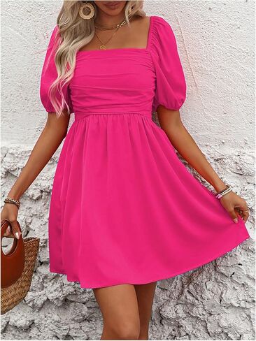 Floerns Women's Puff Short Sleeve Boho Dress Square Neck Summer A Line Dresses in Saudi Arabia