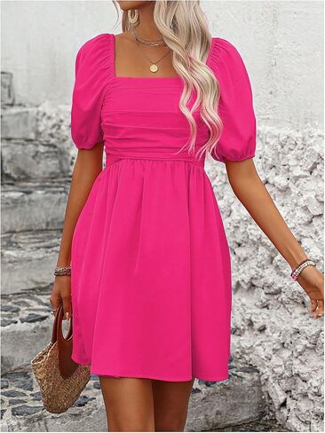 Floerns Women's Puff Short Sleeve Boho Dress Square Neck Summer A Line Dresses in Saudi Arabia