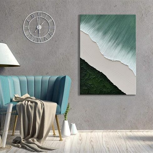 Hand Painted 3D Beach Wave Landscape Wall Paintings, Green and White Thick Textured Living Room Wall Art, Modern Minimalist Abstract Canvas Wall Art, Ocean Pictures Wall Decor Living Room 28"x40" in Saudi Arabia