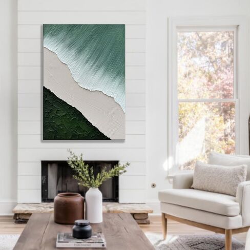 Hand Painted 3D Beach Wave Landscape Wall Paintings, Green and White Thick Textured Living Room Wall Art, Modern Minimalist Abstract Canvas Wall Art, Ocean Pictures Wall Decor Living Room 28"x40" in Saudi Arabia