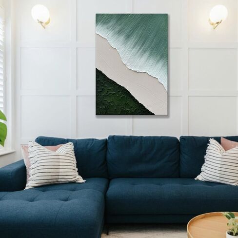 Hand Painted 3D Beach Wave Landscape Wall Paintings, Green and White Thick Textured Living Room Wall Art, Modern Minimalist Abstract Canvas Wall Art, Ocean Pictures Wall Decor Living Room 28"x40" in Saudi Arabia
