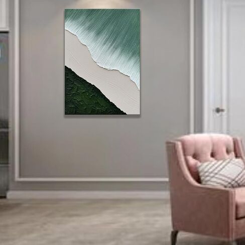 Hand Painted 3D Beach Wave Landscape Wall Paintings, Green and White Thick Textured Living Room Wall Art, Modern Minimalist Abstract Canvas Wall Art, Ocean Pictures Wall Decor Living Room 28"x40" in Saudi Arabia