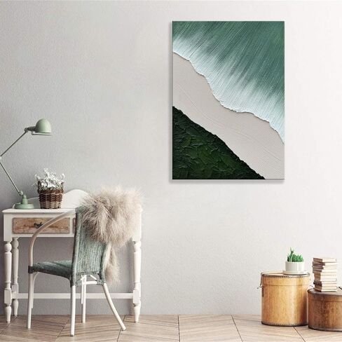 Hand Painted 3D Beach Wave Landscape Wall Paintings, Green and White Thick Textured Living Room Wall Art, Modern Minimalist Abstract Canvas Wall Art, Ocean Pictures Wall Decor Living Room 28"x40" in Saudi Arabia