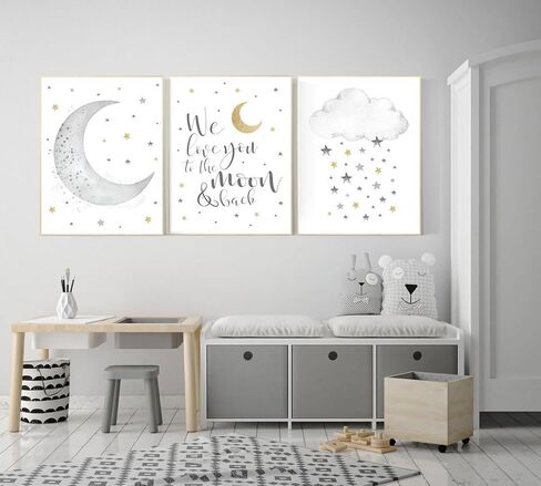 3 Pieces We Love You To The Moon And Back Poster Gray Gold Moon And Stars Prints Painting Modular Pictures Framed Artwork for Baby Room Baby Room with Inner Frame in Saudi Arabia