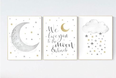 3 Pieces We Love You To The Moon And Back Poster Gray Gold Moon And Stars Prints Painting Modular Pictures Framed Artwork for Baby Room Baby Room with Inner Frame in Saudi Arabia