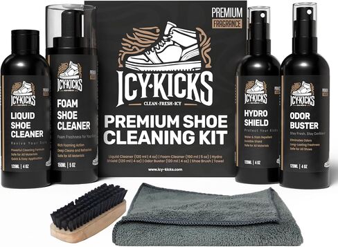 طقم تنظيف أحذية Icykicks 6-in-1-منظف سائل ورغوة ، رذاذ طارد الماء ، مزيل الرائحة ، منشفة الفرشاة والألياف الدقيقة-آمنة للأحذية الرياضية والجلد والجلد واللوحة والمزيد in Saudi Arabia