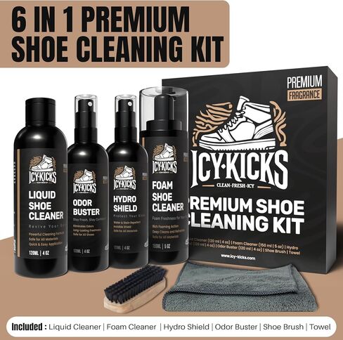 طقم تنظيف أحذية Icykicks 6-in-1-منظف سائل ورغوة ، رذاذ طارد الماء ، مزيل الرائحة ، منشفة الفرشاة والألياف الدقيقة-آمنة للأحذية الرياضية والجلد والجلد واللوحة والمزيد in Saudi Arabia
