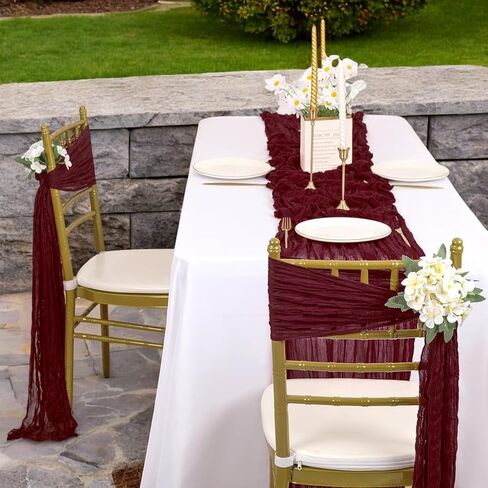 VDS 12 PCS | Burgundy | Cheesecloth Chair Sashes 17"x70" | 100% Cotton Gauze Rustic Aisle Decorations Designed Chair Bows for Wedding Birthday Party Baby Shower Reception Banquet Hotel Event Decor in Kuwait