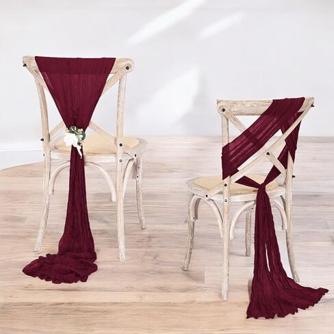 VDS 12 PCS | Burgundy | Cheesecloth Chair Sashes 17"x70" | 100% Cotton Gauze Rustic Aisle Decorations Designed Chair Bows for Wedding Birthday Party Baby Shower Reception Banquet Hotel Event Decor in Kuwait