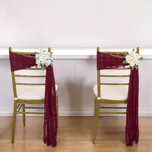 VDS 12 PCS | Burgundy | Cheesecloth Chair Sashes 17"x70" | 100% Cotton Gauze Rustic Aisle Decorations Designed Chair Bows for Wedding Birthday Party Baby Shower Reception Banquet Hotel Event Decor in Kuwait