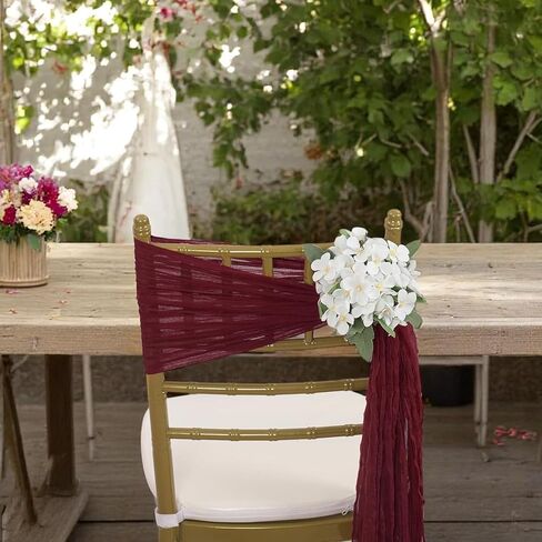 VDS 12 PCS | Burgundy | Cheesecloth Chair Sashes 17"x70" | 100% Cotton Gauze Rustic Aisle Decorations Designed Chair Bows for Wedding Birthday Party Baby Shower Reception Banquet Hotel Event Decor in Kuwait