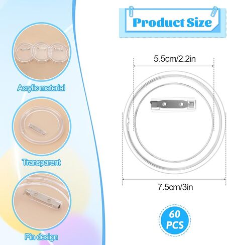 60PCS 3 Inch Clear Button Pins, Acrylic Blank Round Photo Bulk Custom Badge Kit for Picture Badge Make Your Own Buttons Christmas Crafts DIY Supplies in Kuwait