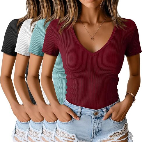 Neer 4 Pack Women’s V Neck Thirts Cotton Sleeve Short Slim Fit Tops Discal Summer Basic Tee Multipack in Saudi Arabia