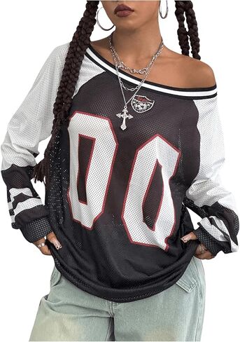 Women's Y2k Mesh Jersey Shirts Sheer Number Graphic Tees Oversized Long Sleeve Tee Top Streetwear in Saudi Arabia