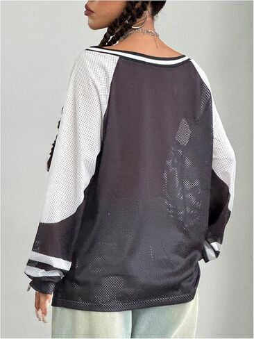 Women's Y2k Mesh Jersey Shirts Sheer Number Graphic Tees Oversized Long Sleeve Tee Top Streetwear in Saudi Arabia