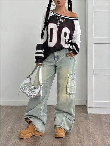 Women's Y2k Mesh Jersey Shirts Sheer Number Graphic Tees Oversized Long Sleeve Tee Top Streetwear in Saudi Arabia