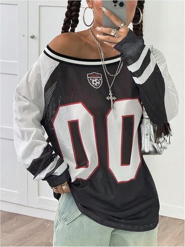 Women's Y2k Mesh Jersey Shirts Sheer Number Graphic Tees Oversized Long Sleeve Tee Top Streetwear in Saudi Arabia
