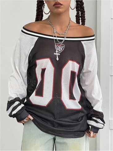 Women's Y2k Mesh Jersey Shirts Sheer Number Graphic Tees Oversized Long Sleeve Tee Top Streetwear in Saudi Arabia