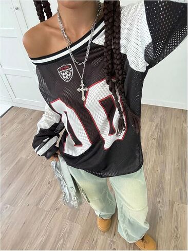 Women's Y2k Mesh Jersey Shirts Sheer Number Graphic Tees Oversized Long Sleeve Tee Top Streetwear in Saudi Arabia