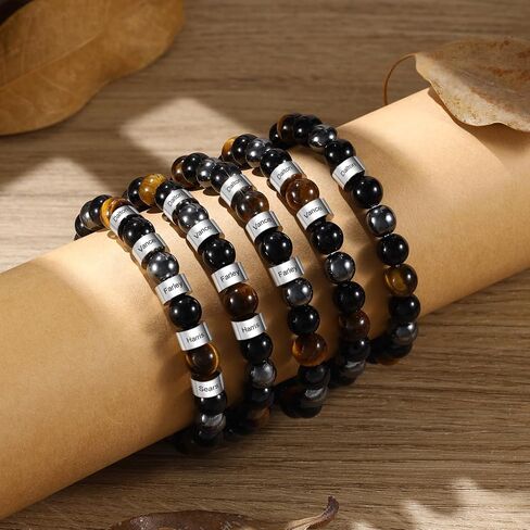 Personalized Tiger Eye Bead Bracelet Men: Custom 1-5 Name Beaded Bracelets for Men - Energy Stone Black Gallstone Obsidian Bracelet in Saudi Arabia