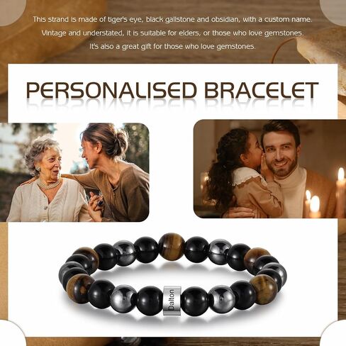 Personalized Tiger Eye Bead Bracelet Men: Custom 1-5 Name Beaded Bracelets for Men - Energy Stone Black Gallstone Obsidian Bracelet in Saudi Arabia