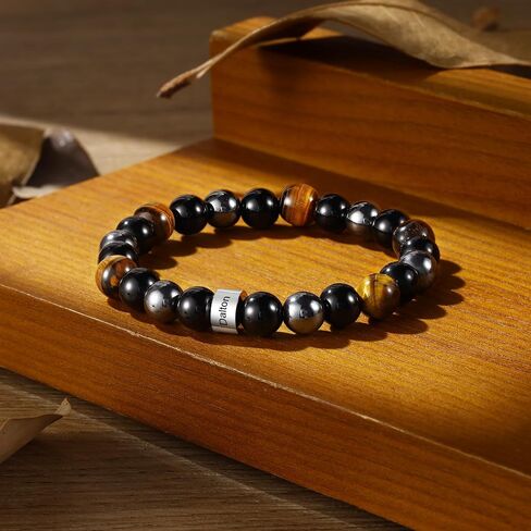 Personalized Tiger Eye Bead Bracelet Men: Custom 1-5 Name Beaded Bracelets for Men - Energy Stone Black Gallstone Obsidian Bracelet in Saudi Arabia