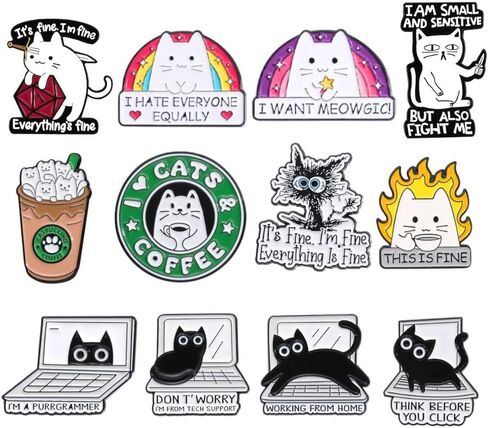 12PC Cat Pins Enamel Brooch Pin Black Orange Cats Bulk for Women Adult Cats Lady Veterinarian Jacket Bagpack Lapel Push Animal Coffee This is Fine Button Badge Cute Fun Funny Cartoon Novelty Gift in Saudi Arabia