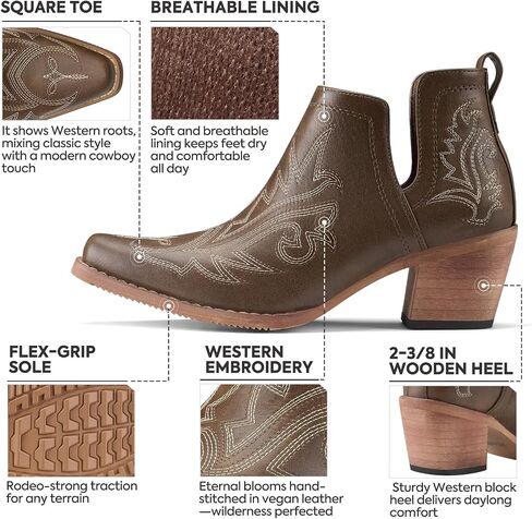 Rollda Cowboy Ankle Boots for Women, Cowgirl Short Booties with Chunky Stack Heels, V Cutout Ladies Western Booties for Cowboy Chic Style in Kuwait