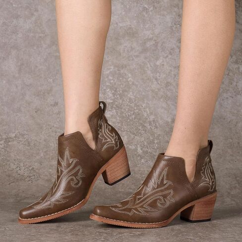 Rollda Cowboy Ankle Boots for Women, Cowgirl Short Booties with Chunky Stack Heels, V Cutout Ladies Western Booties for Cowboy Chic Style in Kuwait