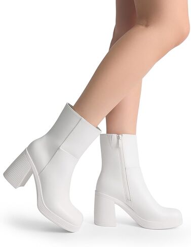 DREAM PAIRS Women's Platform Gogo Ankle Boots Chunky Shoes | High Heels Square Toe Comfort Party Dress Side Zipper Booties,Suitable for Casual Outings Daily Work in Kuwait