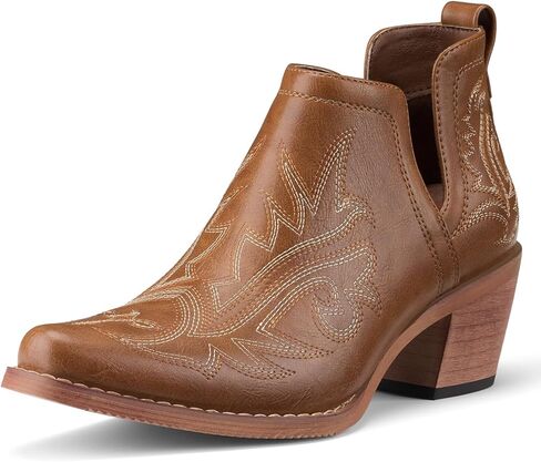 Rollda Cowboy Ankle Boots for Women, Cowgirl Short Booties with Chunky Stack Heels, V Cutout Ladies Western Booties for Cowboy Chic Style in Kuwait