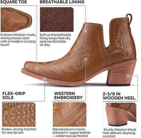 Rollda Cowboy Ankle Boots for Women, Cowgirl Short Booties with Chunky Stack Heels, V Cutout Ladies Western Booties for Cowboy Chic Style in Kuwait