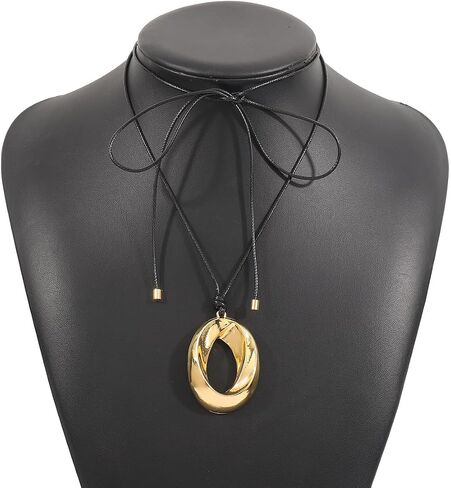 YOOESTORES82 Chunky Gold Hollowed Circle Pendant Necklaces, Adjustable Wax Rope Twisted Geometry Thick Metal Statement Choker Necklaces for Women in Saudi Arabia