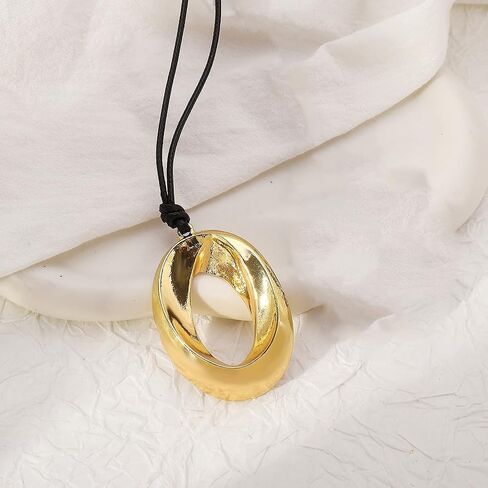 YOOESTORES82 Chunky Gold Hollowed Circle Pendant Necklaces, Adjustable Wax Rope Twisted Geometry Thick Metal Statement Choker Necklaces for Women in Saudi Arabia
