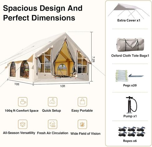 خيمة قابلة للنفخ للتخييم 2/4/6 أشخاص، خيمة كبيرة قابلة للنفخ في الهواء، لا تحتاج إلى تجميع خيمة فاخرة، 10 × 7.2 قدم أكسفورد مقاوم للماء، أخضر ميداني in Kuwait