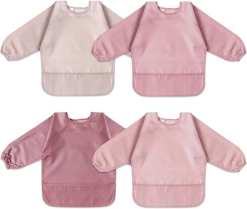 4 Pack Long Sleeve Bib, Waterproof Sleeved Smock for Baby Boy or Girl, Toddler Full Sleeve Bib Outfit, Reusable Bib with Pocket, Fits Ages 6-24 Months in Saudi Arabia