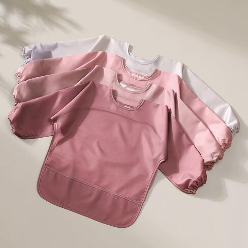 4 Pack Long Sleeve Bib, Waterproof Sleeved Smock for Baby Boy or Girl, Toddler Full Sleeve Bib Outfit, Reusable Bib with Pocket, Fits Ages 6-24 Months in Saudi Arabia