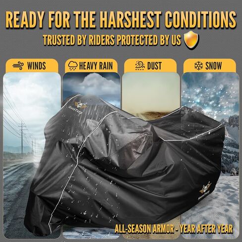 600D Heavy Duty Motorcycle Cover 100% Waterproof; License Plate Window, Exhaust Heat Guard, Night Reflectors, Wheel Lock Slots (Silver, Large 86X37X43) in Saudi Arabia